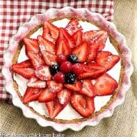 Overhead view of Strawberry Cream Cheese Dessert in a ceramic pie plate
