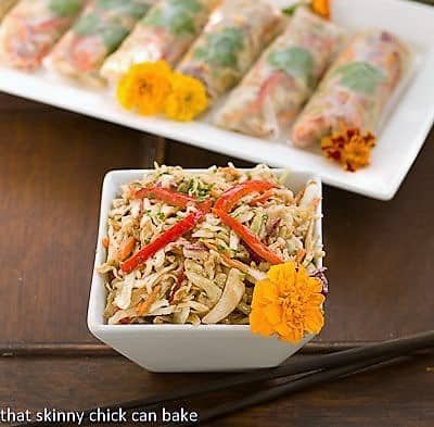 Asian Cole Slaw Spring Rolls filling in a square bowl