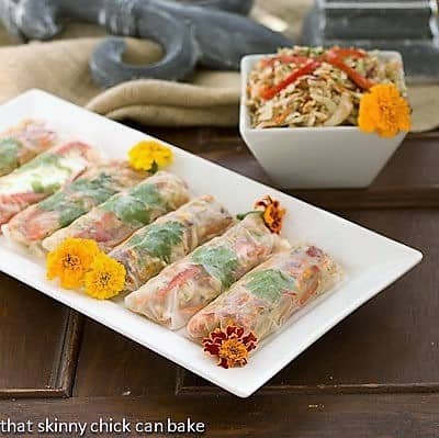 Asian Cole Slaw Spring Rolls on a rectangular platter