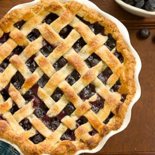 Overhead view of a Lattice Topped Blueberry Pie