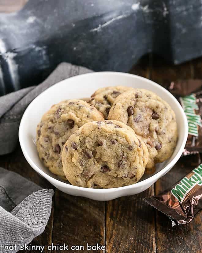 Small white bowlful of Milky Way Chocolate Chip Cookies 