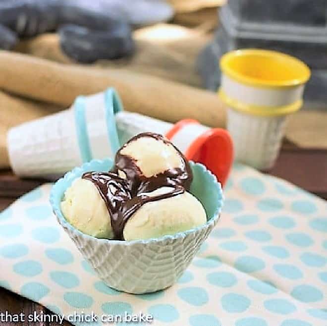 Vanilla Bean Ice Cream in a cone textured ice cream bowl topped with hot fudge sauce.