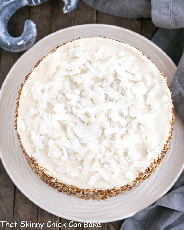 Caramel Filled Carrot Cake overhead view on a white plate