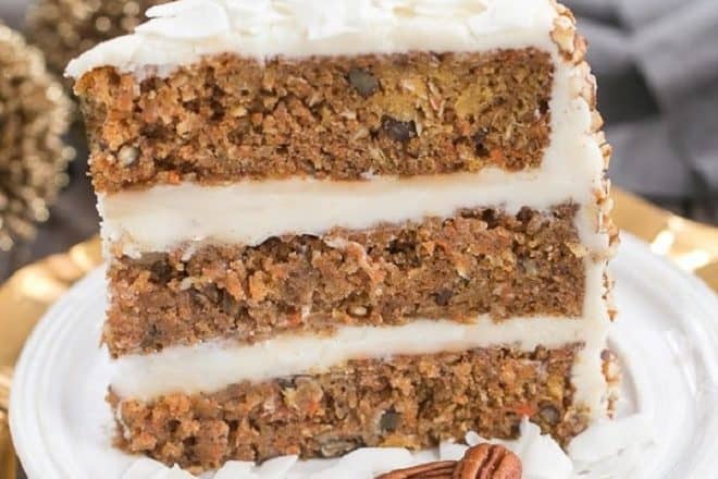 Caramel filled carrot cake with cream cheese frosting