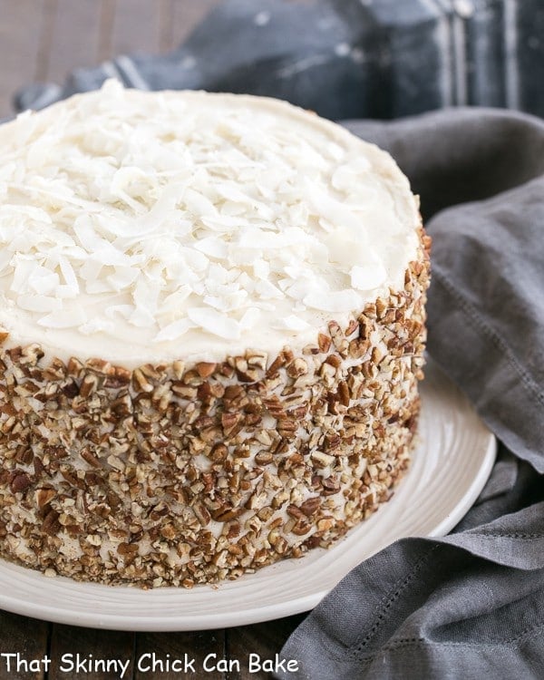 Caramel Filled Carrot Cake on a white serving plate