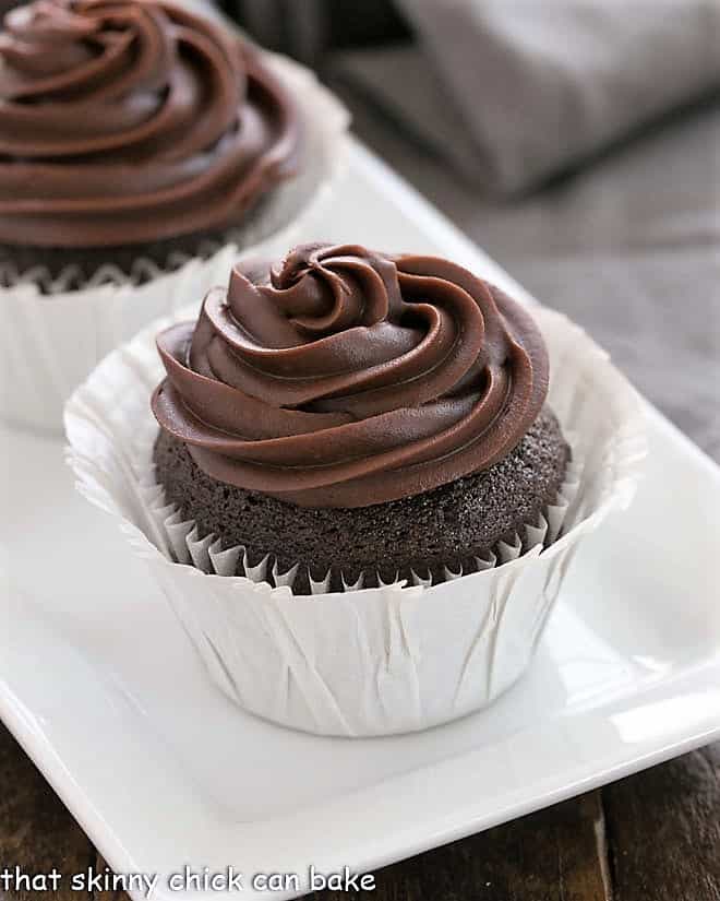 Close up of a blender chocoate cupcake in a white paper cup.