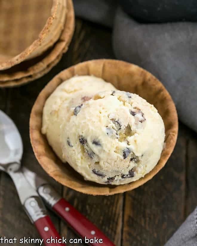 Cookie Dough Ice Cream in a sugar cone cup