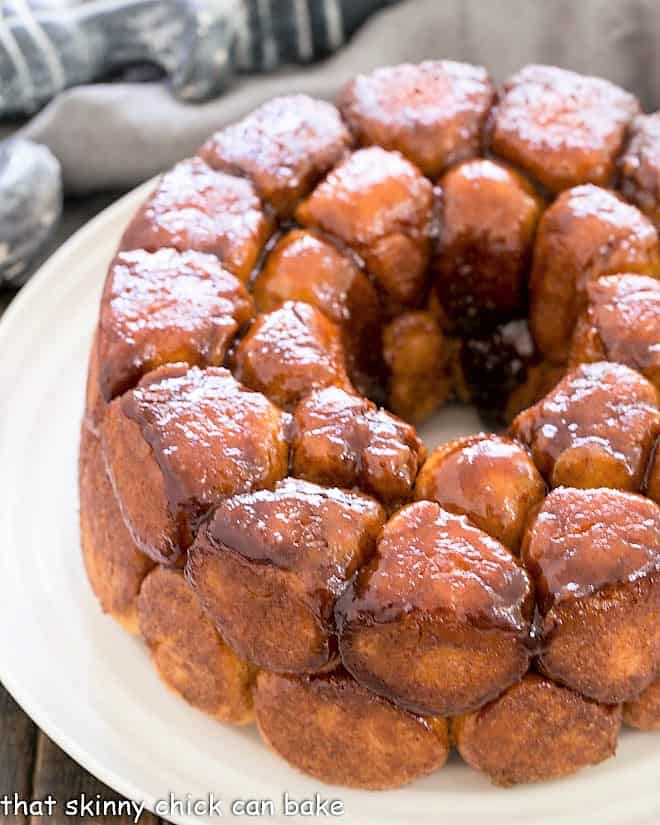 This scrumptious Cinnamon Monkey Bread from Scratch is an outstanding, 5-Alarm breakfast treat that will thrill your family! Caramel coated Bubble Roll is perfect for the weekend! Overhead view of Cinnamon Monkey Bread Recipe.