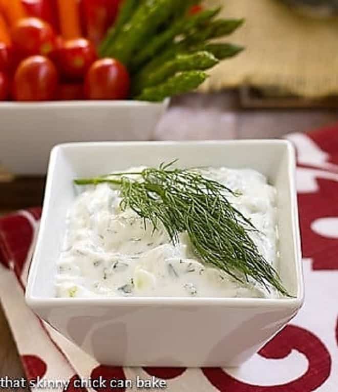 Greek Tzatziki in a white square bowl