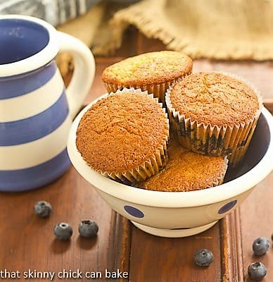 Sour Cream Blueberry Muffins in a white ceramic bowl with blue polka dots