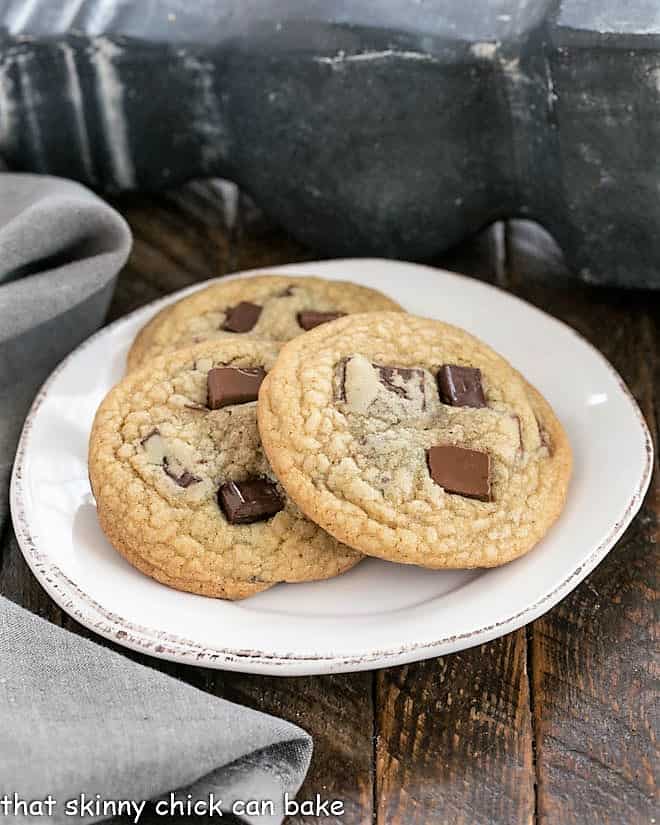 3 Ad Hoc Brown Sugar Chocolate Chip Cookies on a round white plate.