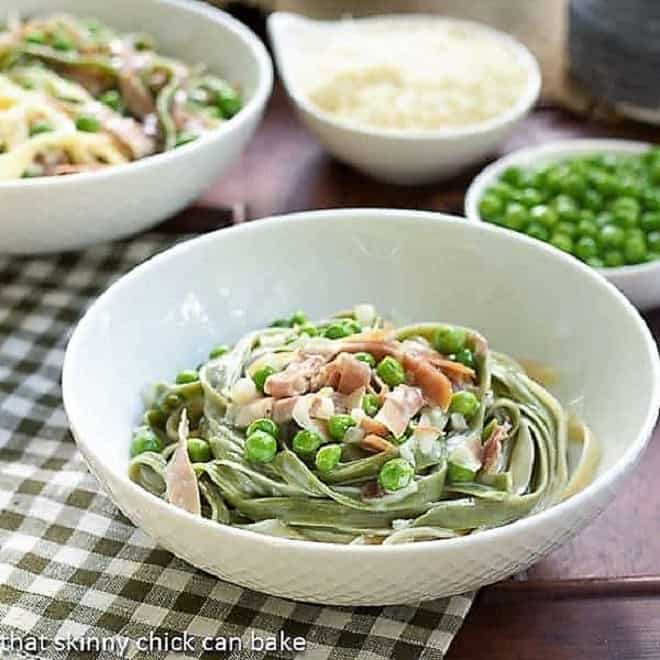 Straw and Hay Pasta in a white bowl.