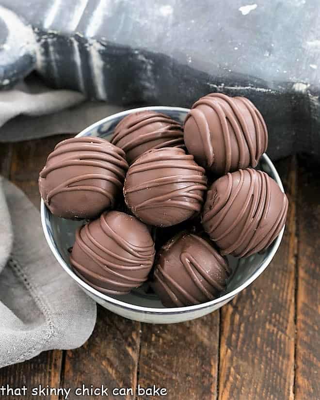 Cookie Dough Truffles in a blue and white bowl