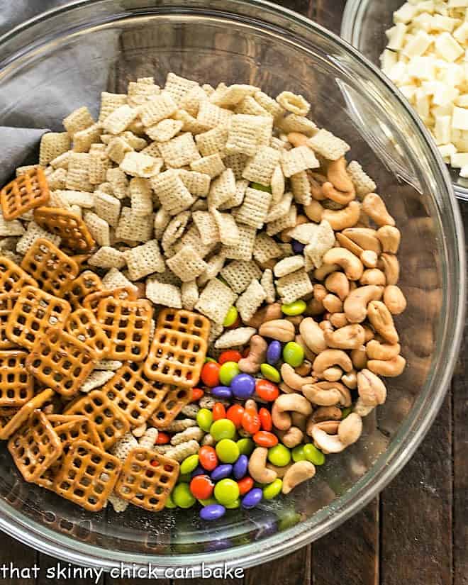 Bowl of ingredients for this chex mix