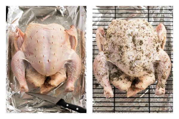 Oven roasted chicken before and after rub applied