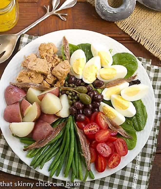 Classic French Salade Niçoise overhead shot on a white plate