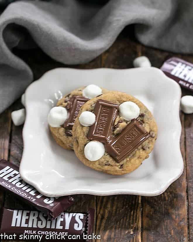 S'mookies or Gooey S'mores Cookies on a square white plate