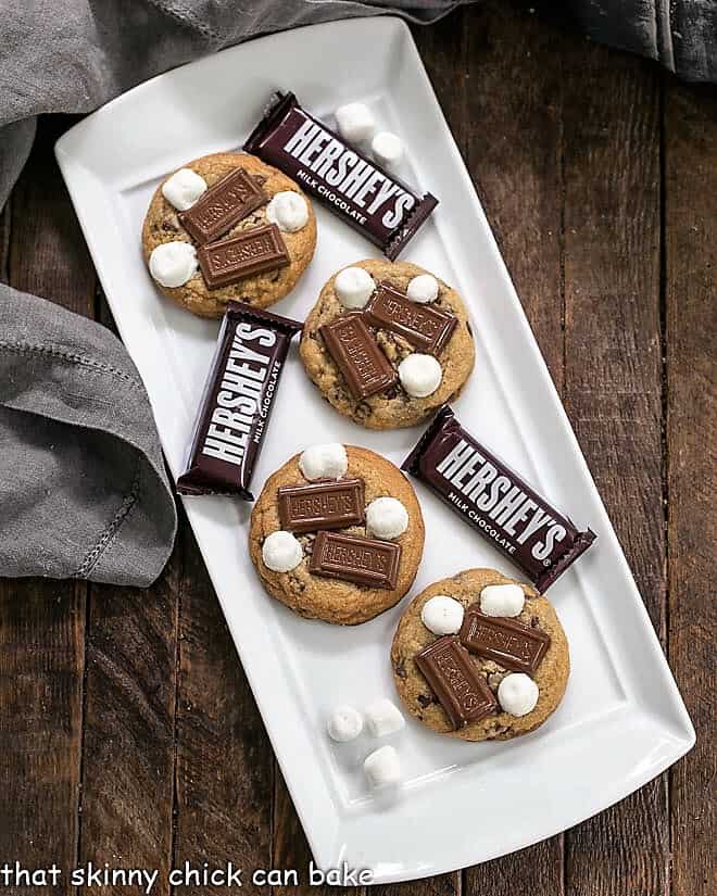 S'mookies AKA Gooey S'mores cookies on a white ceramic tray