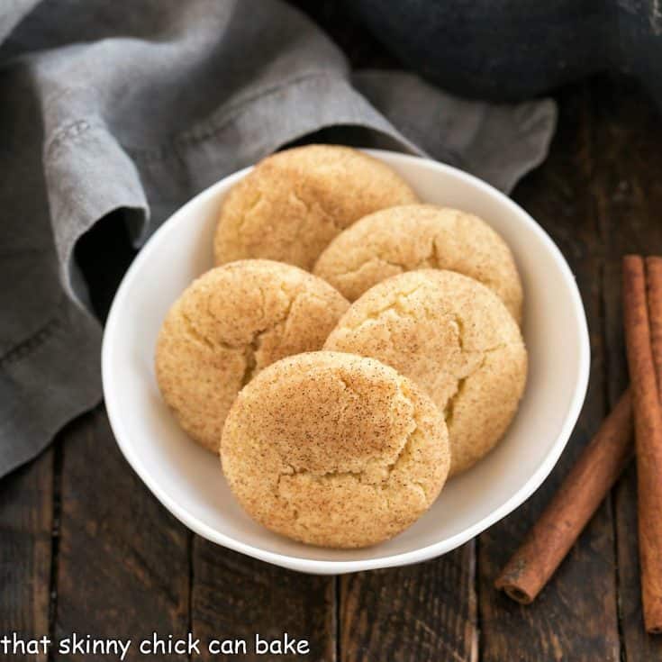 Overhead view of snickerdoodles in a small white bowl