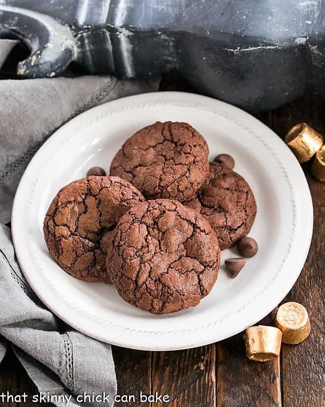 Overhead view of a plate of brownie cookies