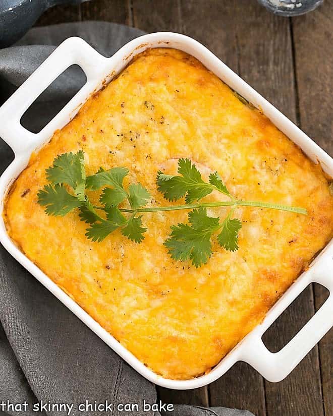 Chili Relleno Casserole in a square white baking dish.