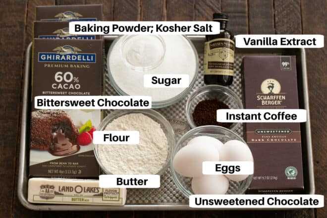 Double Chocolate Cookies Ingredients with labels on a sheetpan.