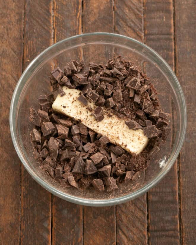 Butter and chopped chocolate in a mixing bowl.