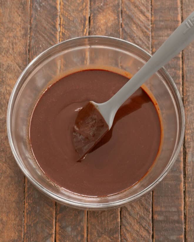 Butter and chocolate melted in a mixing bowl.
