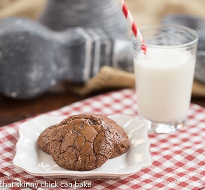Double Chocolate Cookies on a white plate with a glass of milk