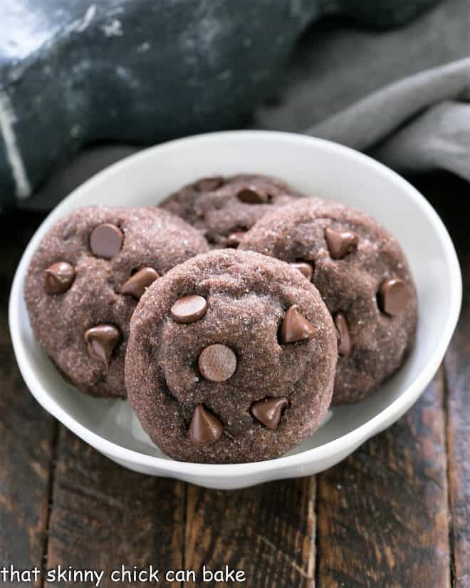 A white bowl with 4 Peanut Butter Filled Chocolate Cookies