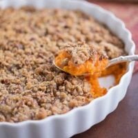 Praline Topped Sweet Potato Casserole in a baking dish