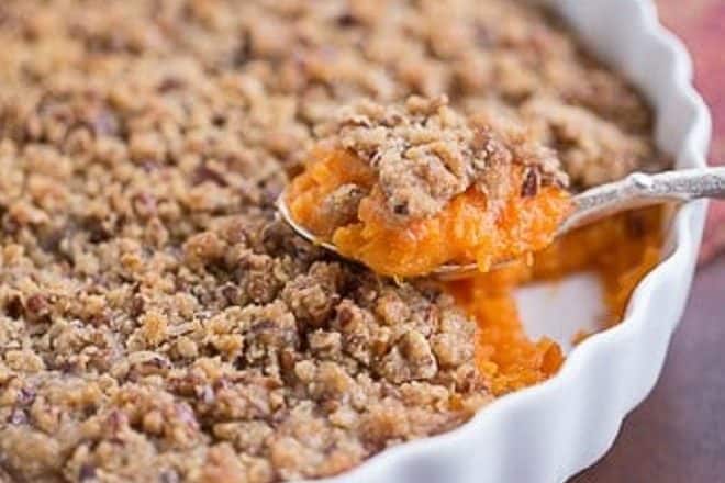 Praline Topped Sweet Potato Casserole in a baking dish