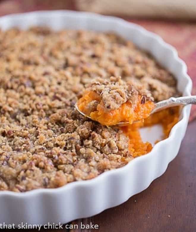 Praline Topped Sweet Potato Casserole in a baking dish.