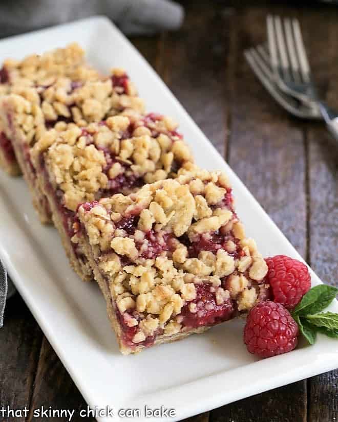 Raspberry Streusel Bars on a white tray.