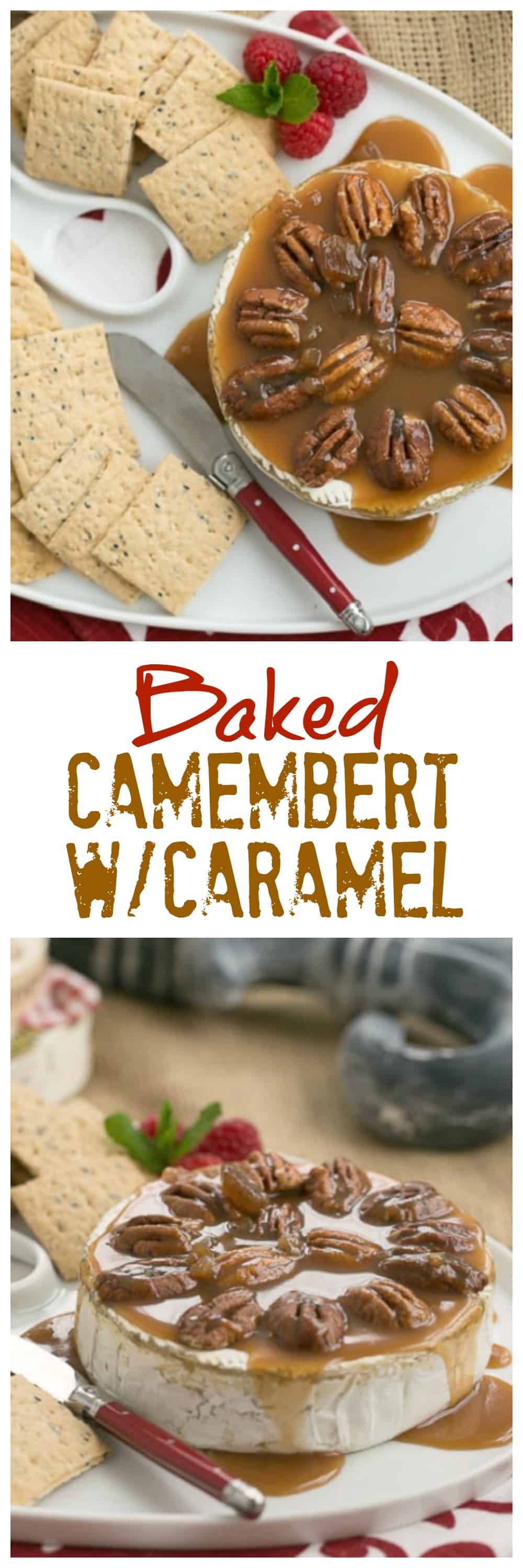 Baked Camembert with Caramel and Pecans is the perfect weapon in your arsenal of easy appetizer recipes since it's only 3 ingredients and definitely a showstopper! #appetizer #cheese #bakedcheese