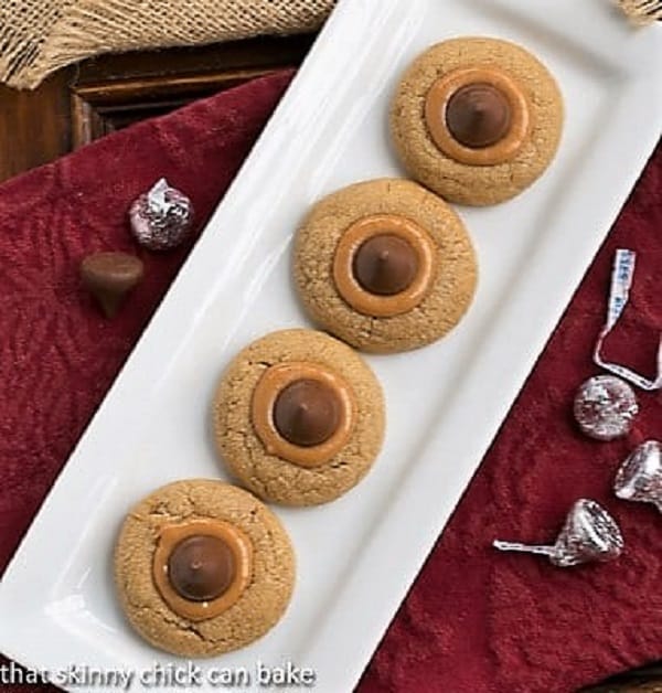 Overhead view of Caramel Biscoff Blossoms on a rectangular white tray.