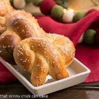 Challah Pretzels on a white rimmed tray