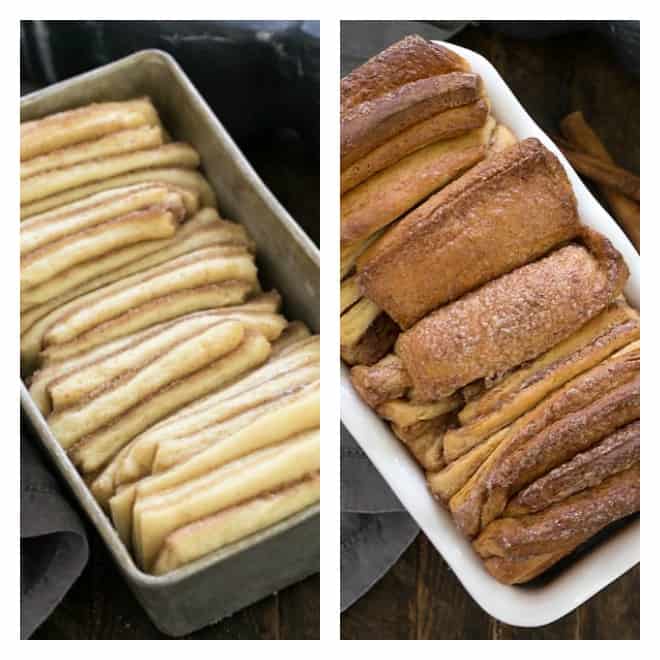 Collage of cinnamon pull apart bread before baking and after baking