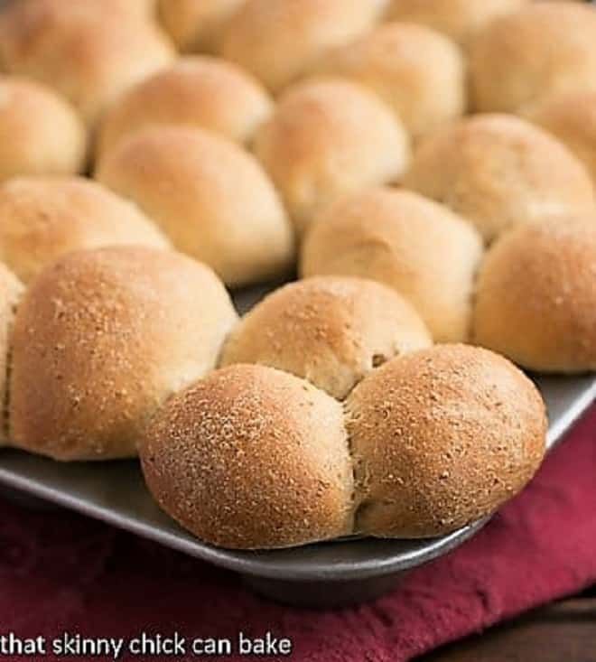 Honey Whole Wheat Cloverleaf rolls in a muffin tin.