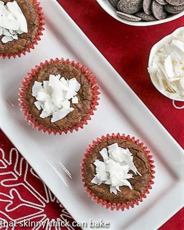 Mounds brownie cupcakes on a white tray