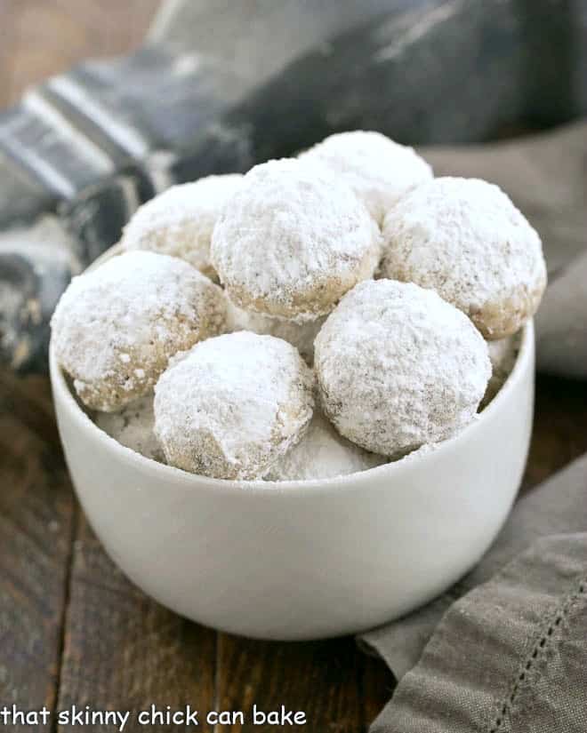 Noel Nut Balls in a white dish.