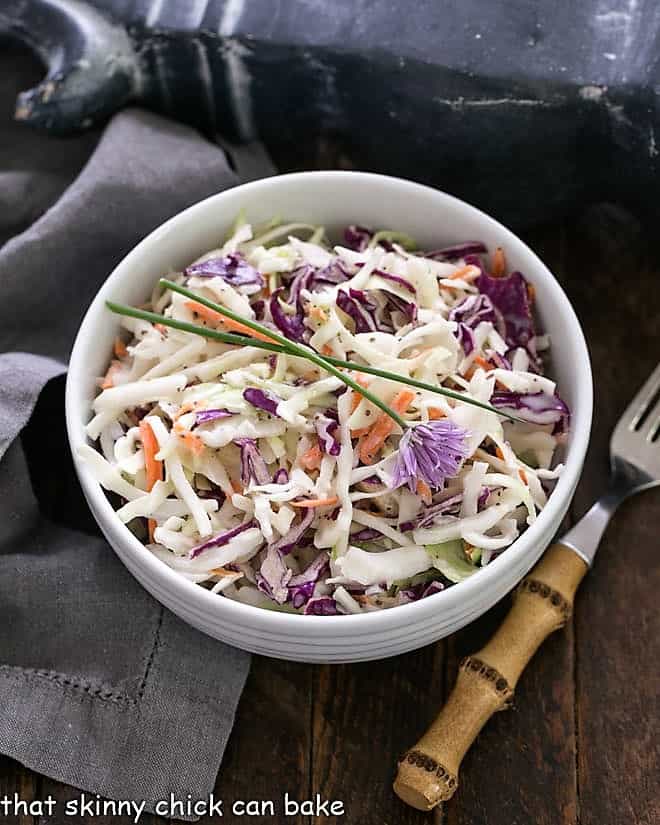 KFC Coleslaw Recipe with Buttermilk Dressing in a white serving bowl.