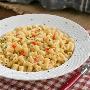 Bowl of pasta risotto with a red handled fork on a checkered napkin