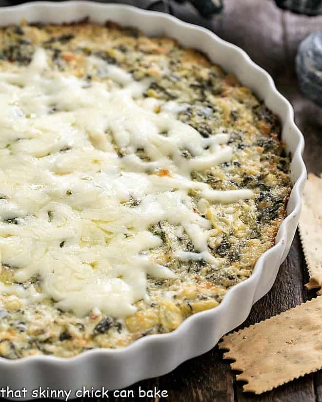 Spinach and ARtichoke Dip in a casserole dish.