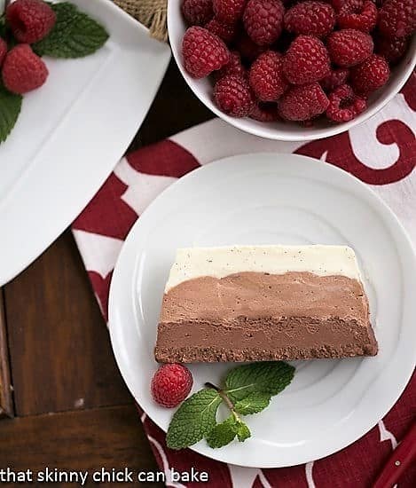 Triple Chocolate Terrine slice on a small white plate garnished with raspberries and mint.