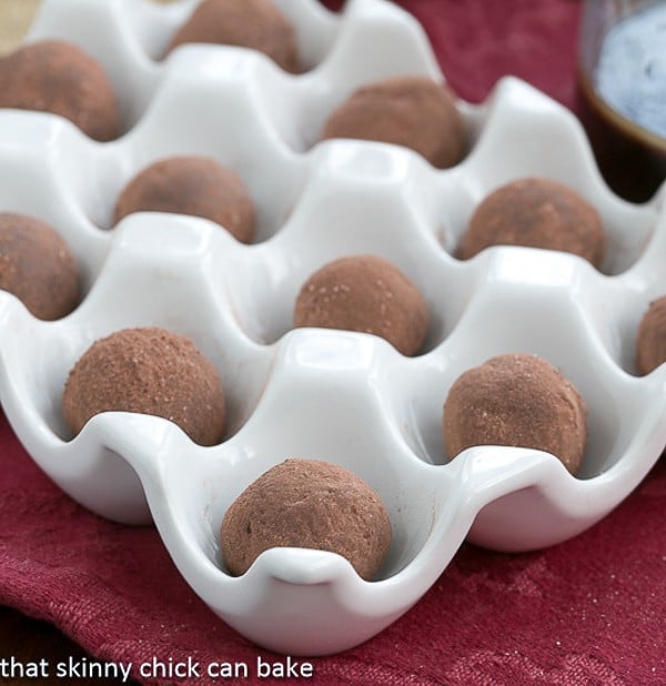 Chocolate Balsamic Truffles in a ceramic egg carton