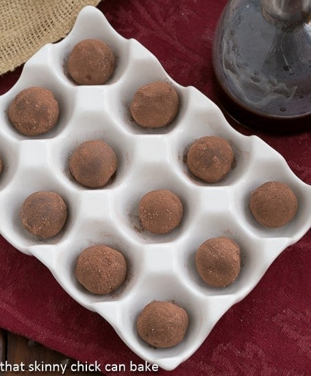 Overhead view of Chocolate Balsamic Truffles in an egg crate dish