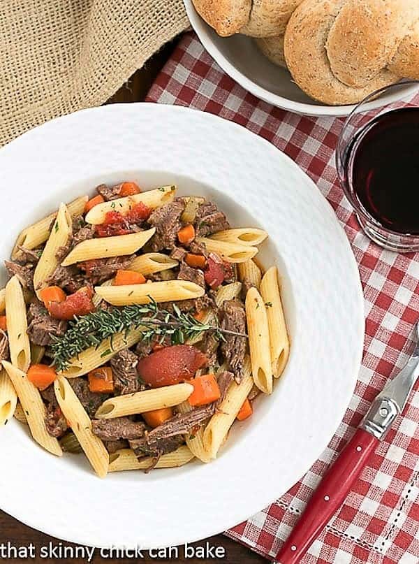 Beef Burgundy Pasta - a twist on the classic boeuf bourguignon in a pasta dish! Beef Burgundy Pasta overhead