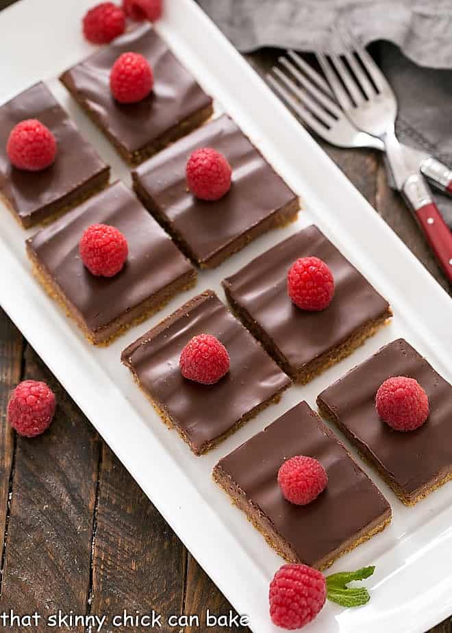 Overhead view of Dark Chocolate Mousse Bars on a white tray