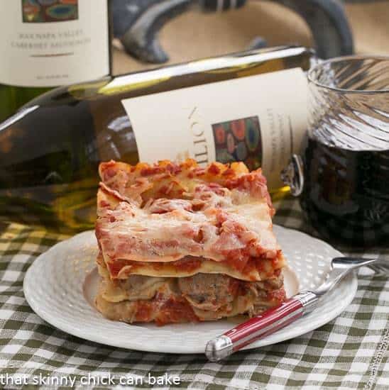 Slice of Easy Sausage and Mushroom Lasagna on a white plate